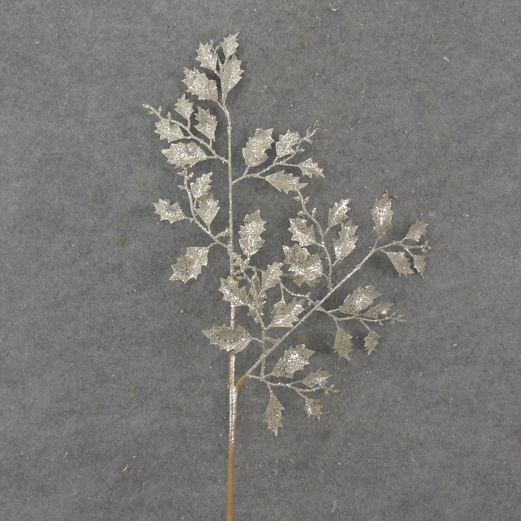 [XA1094-PTN] 25" GLITTER HOLLY LEAF SPRAY PLATINUM