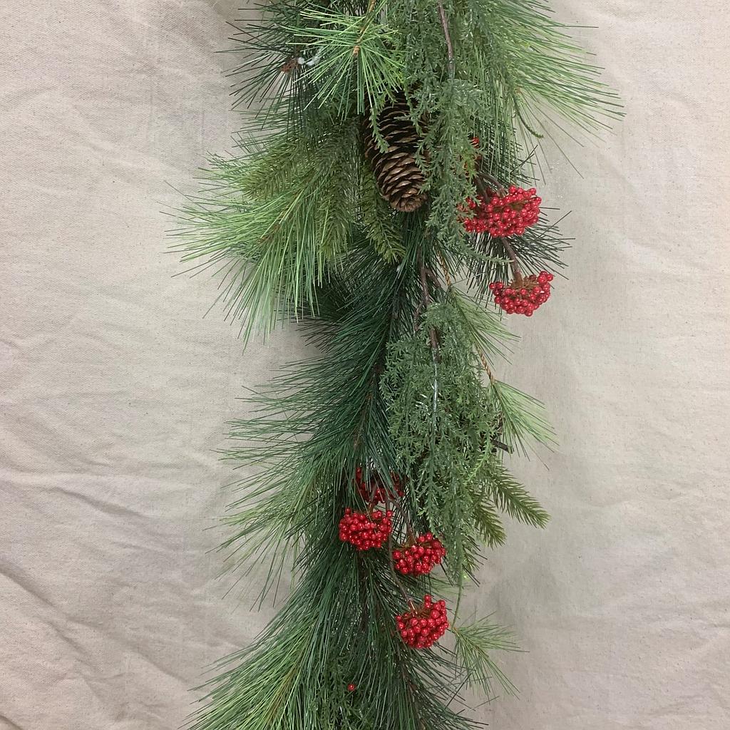 6' MIXED PINE GARLAND W/ CONES BERRIES &amp; BOW