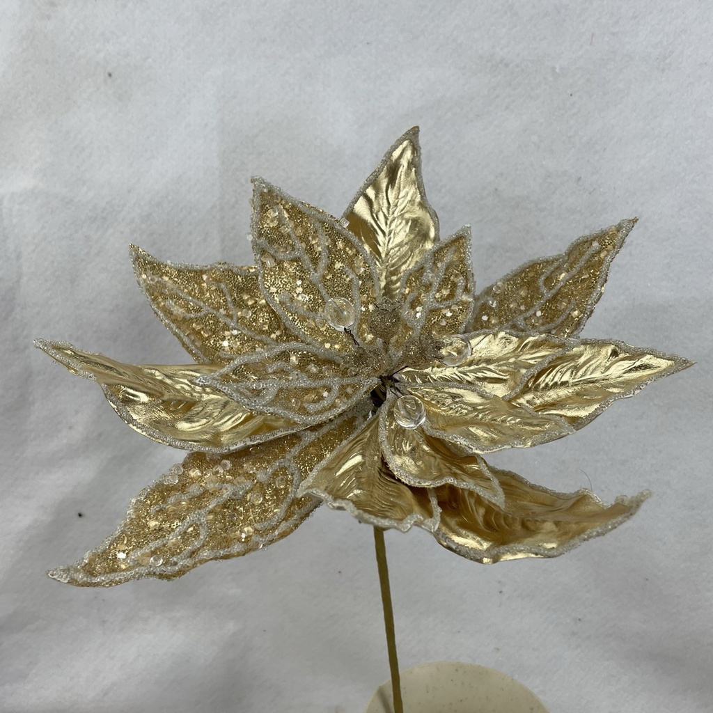 [XA1064-GLD] 20" METALLIC POINSETTIA PICK W/ ICE GOLD