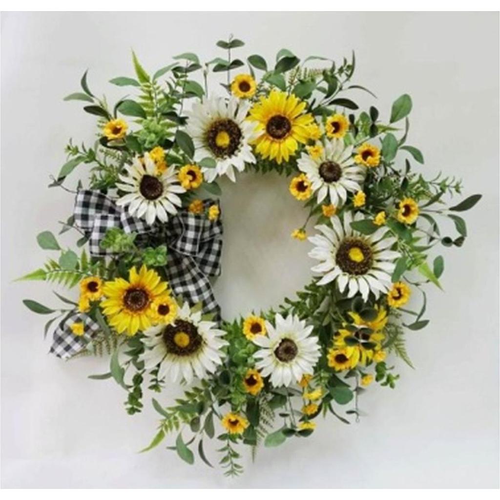 24" SUNFLOWER WREATH W/ BOW YELLOW/WHITE