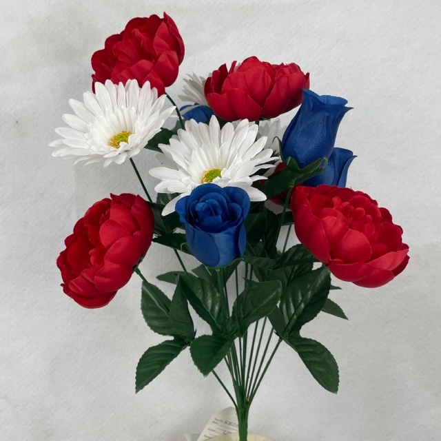 19" PEONY/GERBERA/ROSE BUSH X14 RED/WHT/BLU