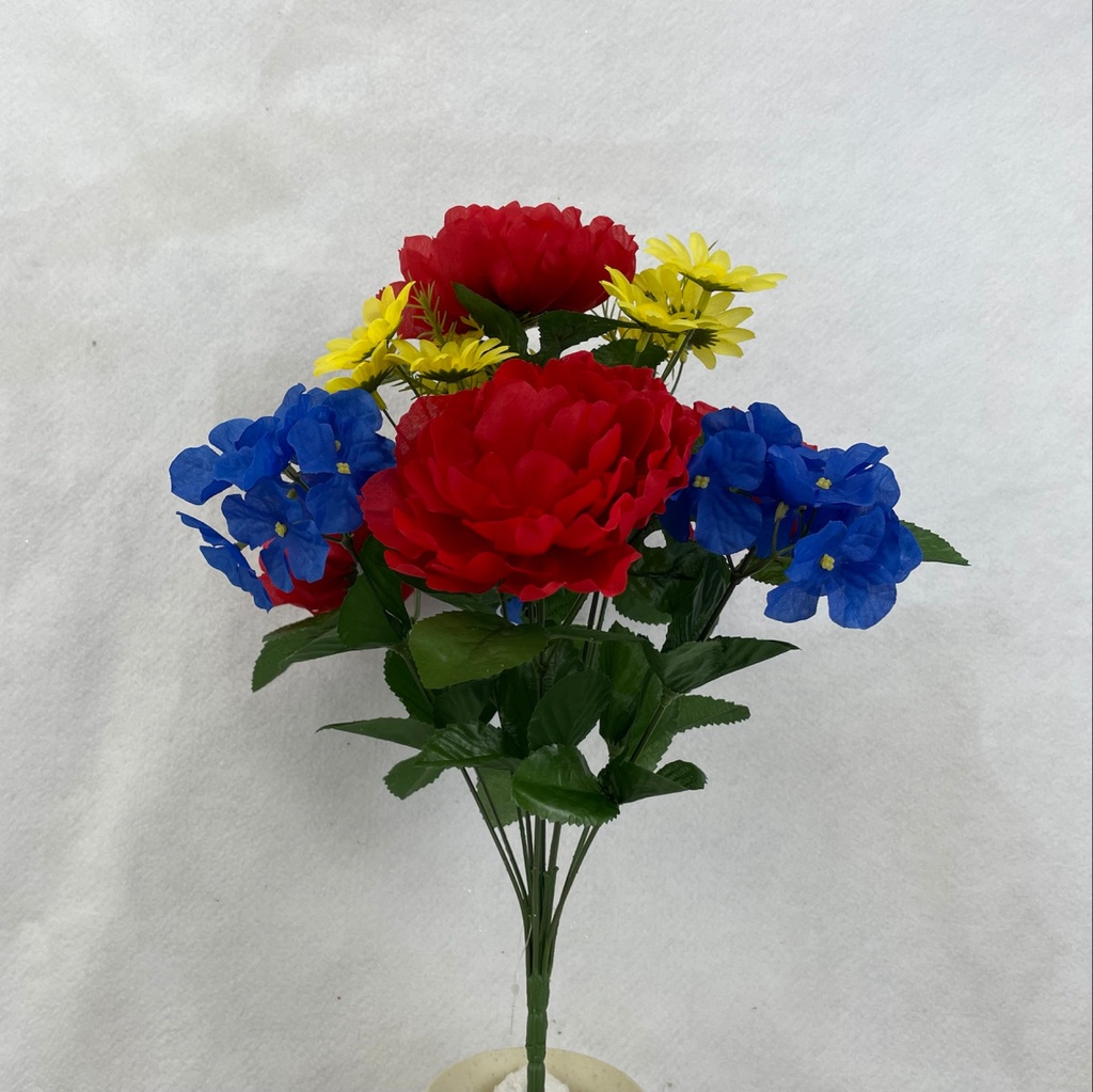 18" PEONY/HYDRANGEA/DAISY BUSH X12 RED/BLU/YEL
