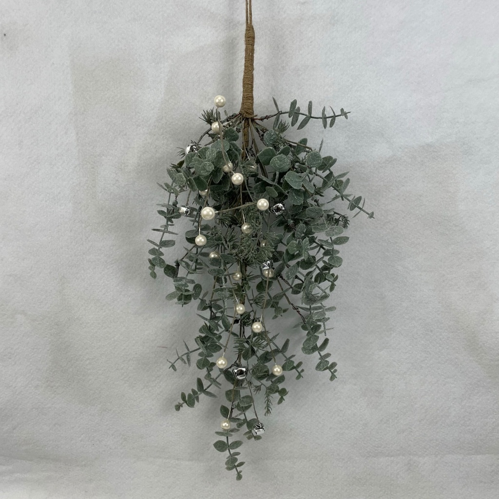 24" FROSTED EUCALYPTUS AND PINE HANGER W/ WHITE BERRIES AND BELLS