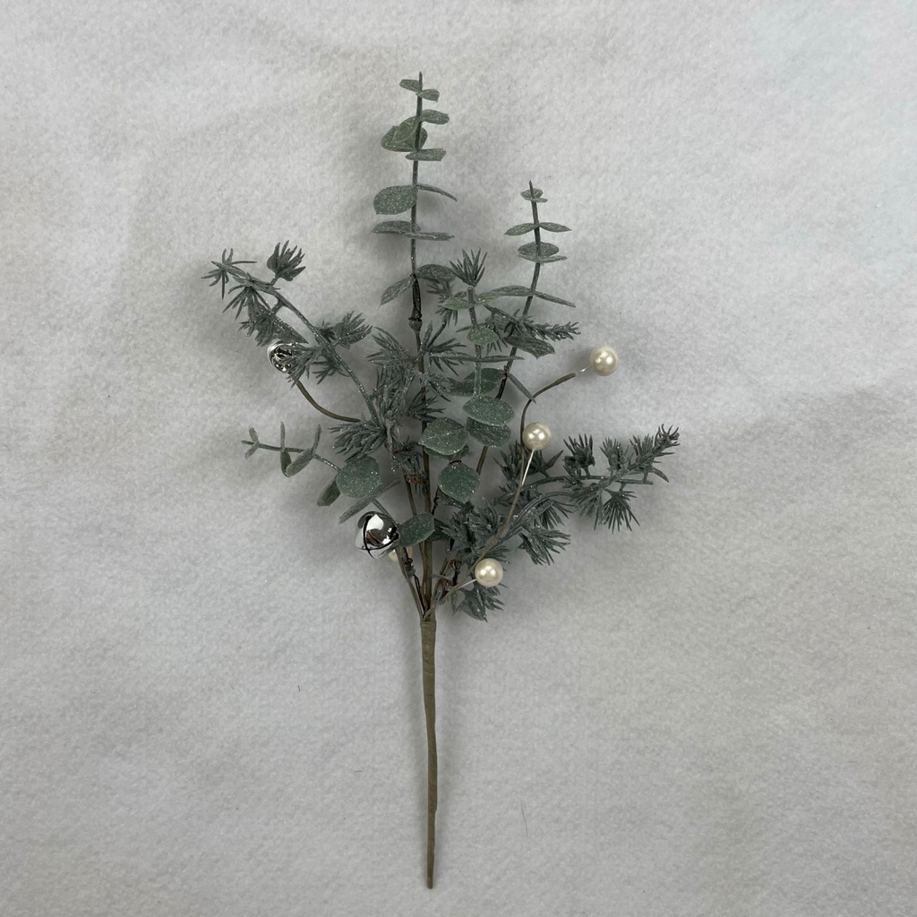 [XL2603] 12" FROSTED EUCALYPTUS AND PINE PICK W/ WHITE BERRIES AND BELLS