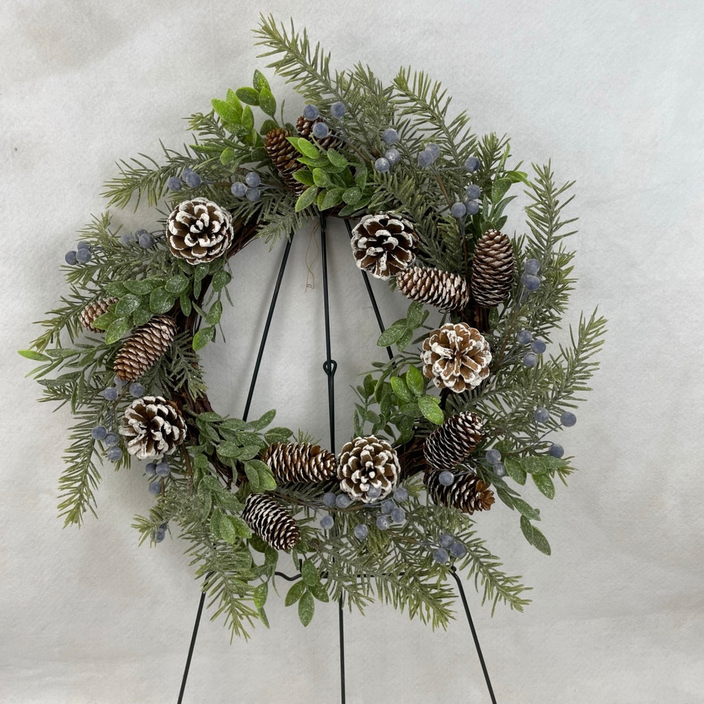 18" PINE AND LEAF WREATH W/ BLUE BERRIES AND CONES