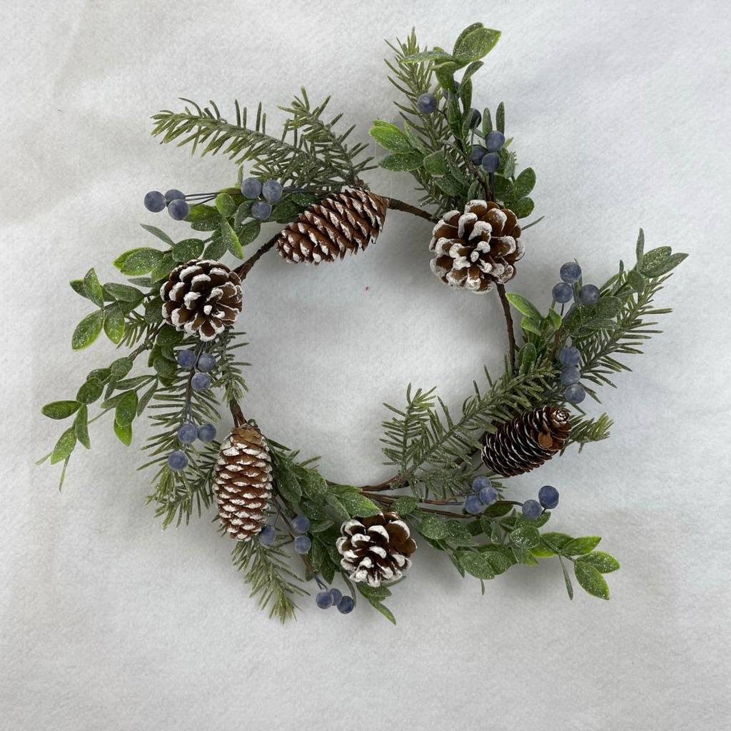 12"  PINE AND LEAF WREATH W/ BLUE BERRIES AND CONES