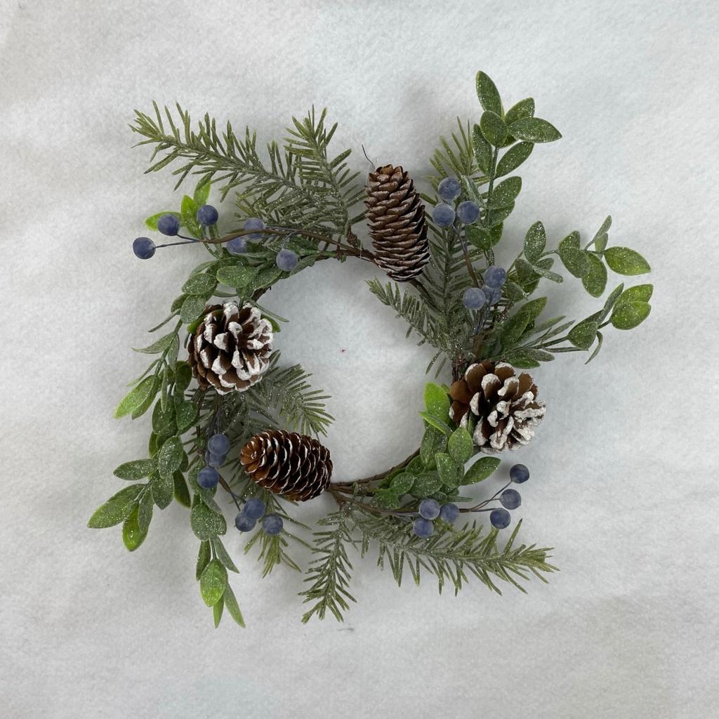 9"  PINE AND LEAF WREATH W/ BLUE BERRIES AND CONES