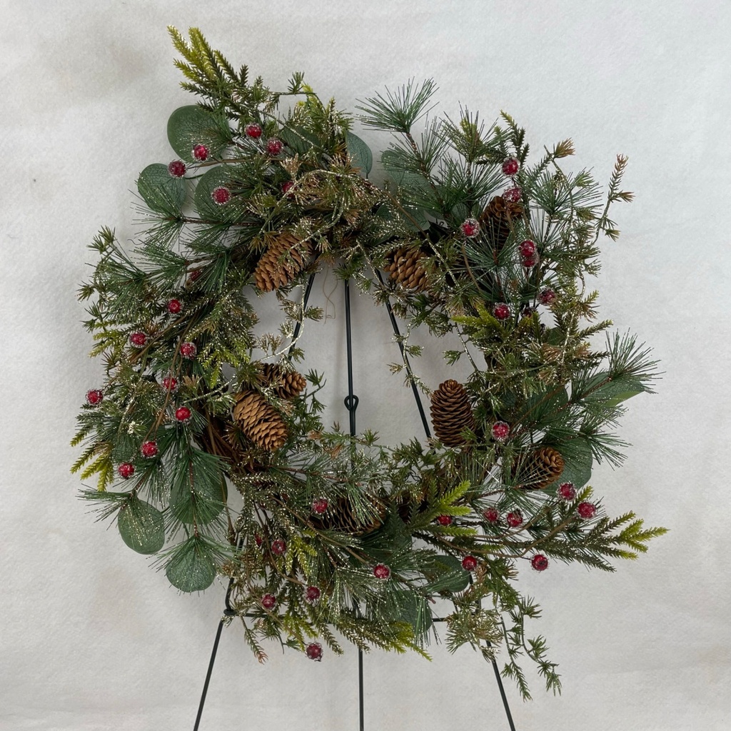 [XL2636] 20" WREATH W/ GLITTER PINE EUCALYPTUS AND RED BERRY 