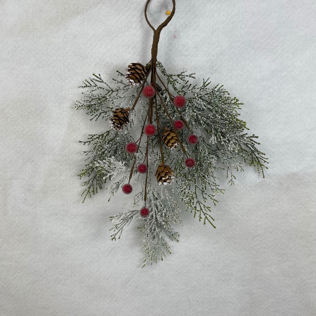 13" PINE HANGER W/ SNOW AND RED BERRIES
