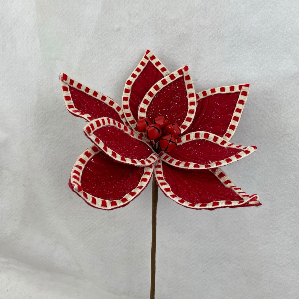 14" POINSETTIA PICK W/BELLS FROSTED