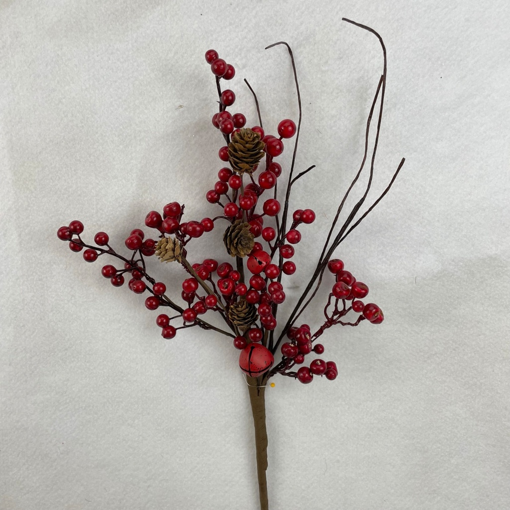 [XA2069] 19" RED BERRY SPRAY W/CONES & BELLS