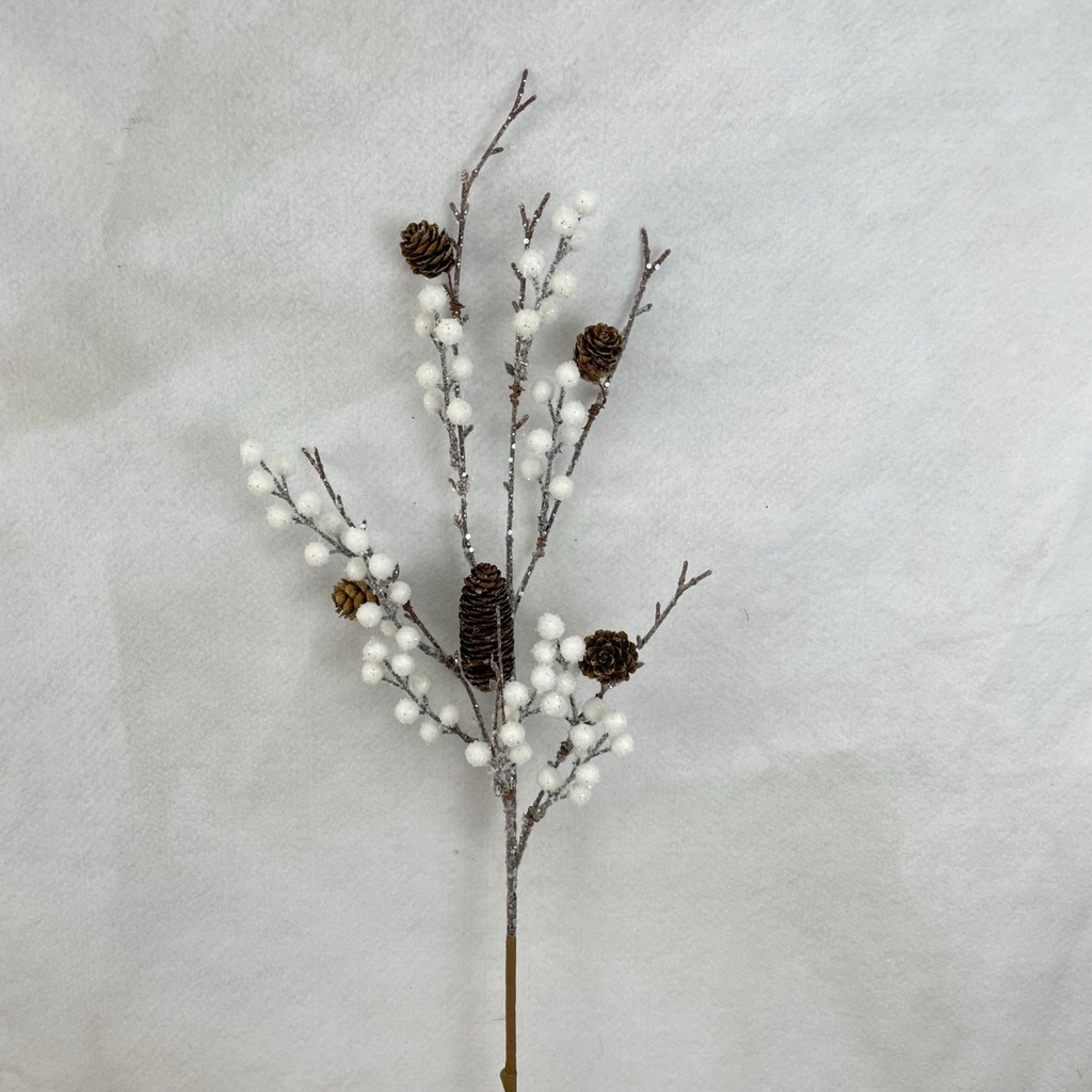 32" BERRY/TWIG SPRAY W/ CONES WHITE