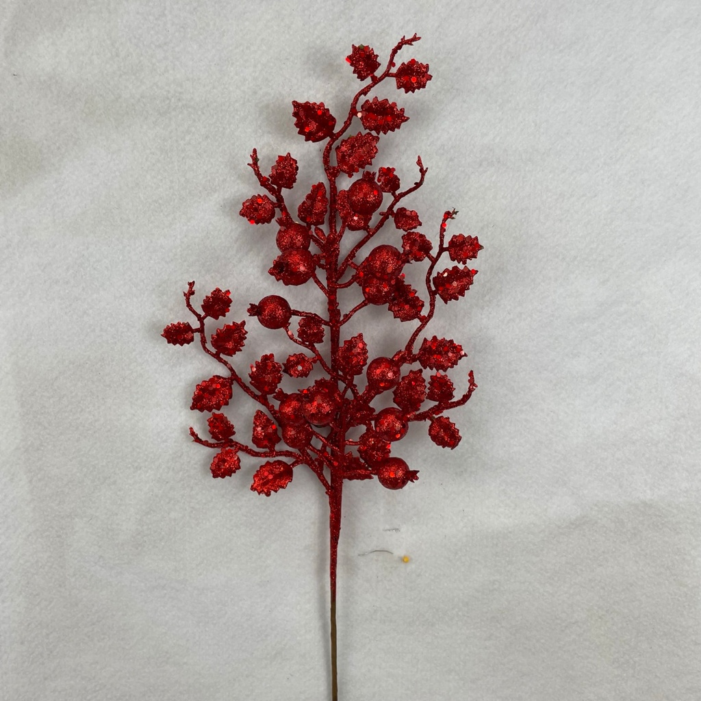 [XB2307-RED] 22" RED GLITTER HOLLY AND BERRY SPRAY