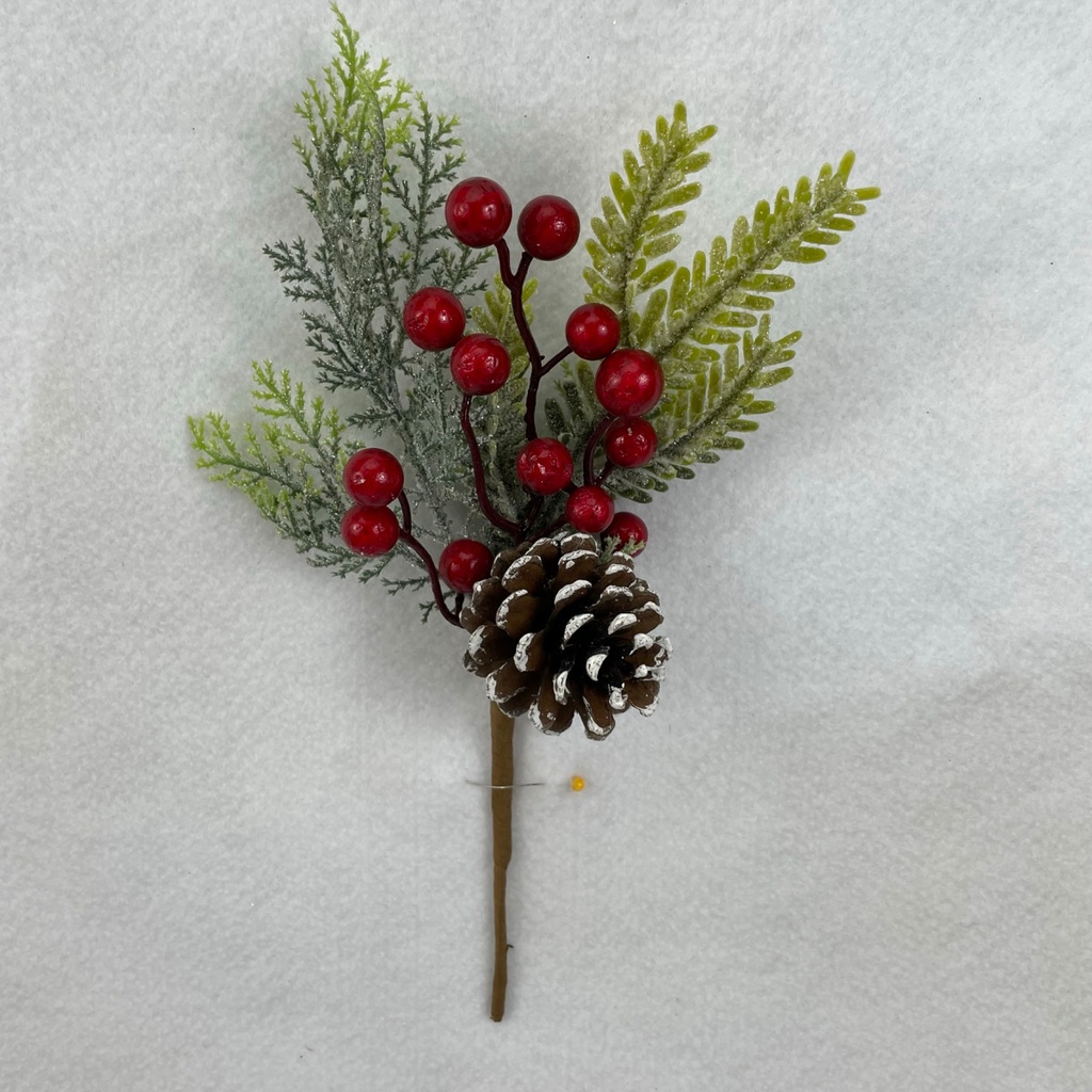 [XB2309-B] 11" FROSTED MIXED PINE PICK W/ BERRIES 