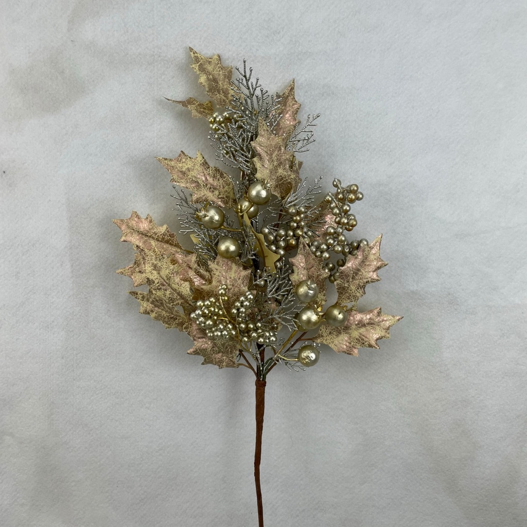 29" HOLLY SPRAY W/CEDAR AND BERRIES CHAMPAGNE