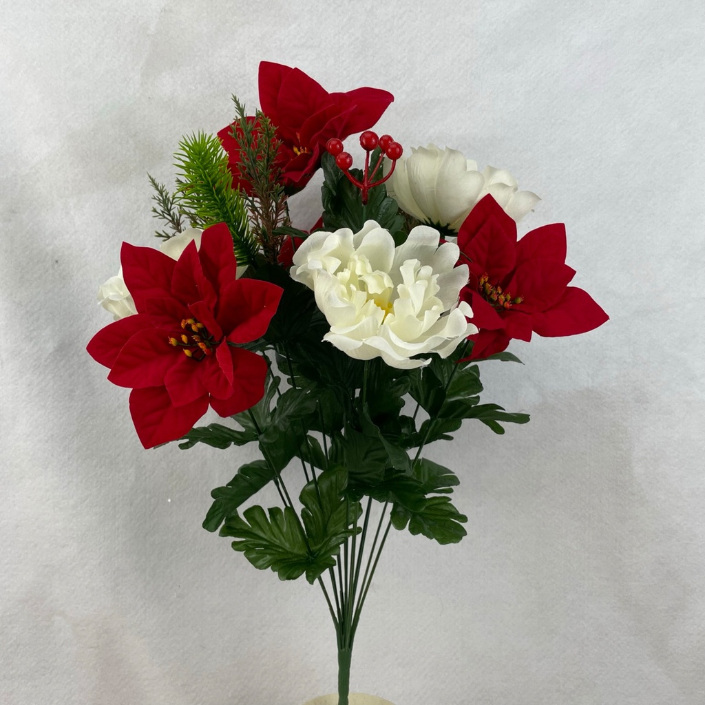 21" POINSETTIA/PEONY BUSH W/PINE & BERRIES X14 M/P
