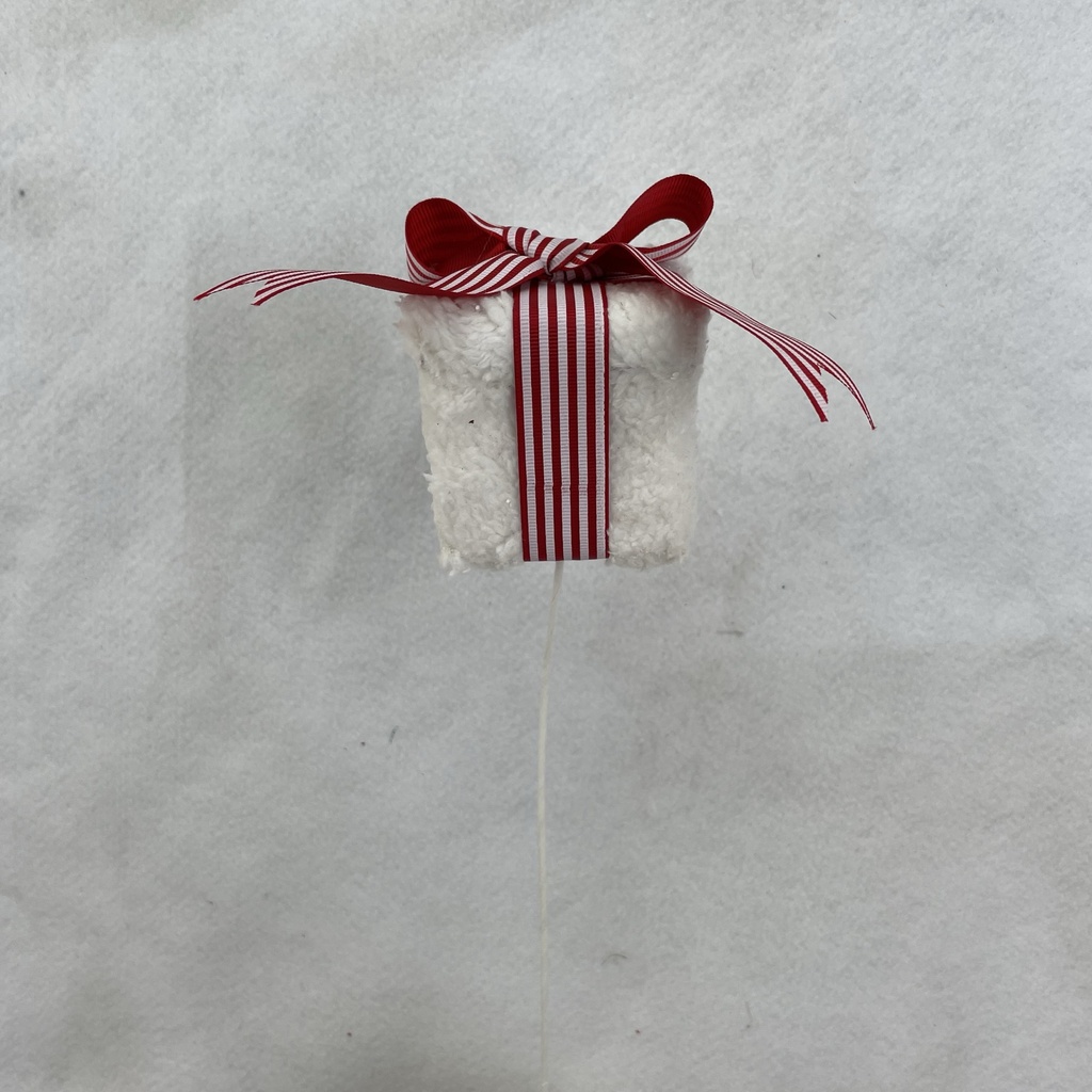 [XA2096-WHT] 3" GIFT BOX PICK W/ BOW ON 15" PICK WHITE