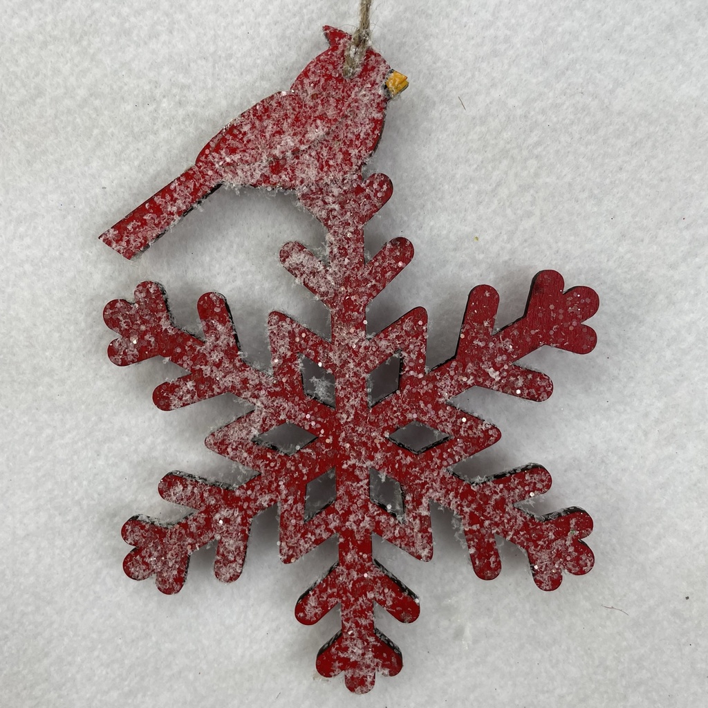 7" SNOWFLAKE ORNAMENT W/ CARDINAL RED