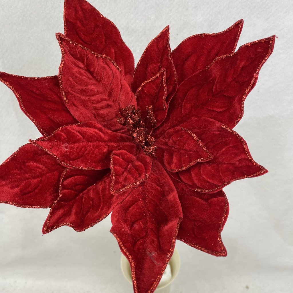 20" VELVET POINSETTIA PICK 10" dia W/GLITTER RED