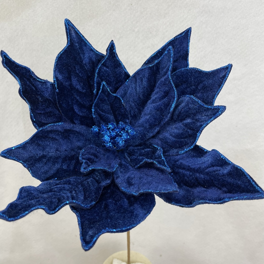 20" VELVET POINSETTIA PICK 10" dia W/GLITTER DARK BLUE