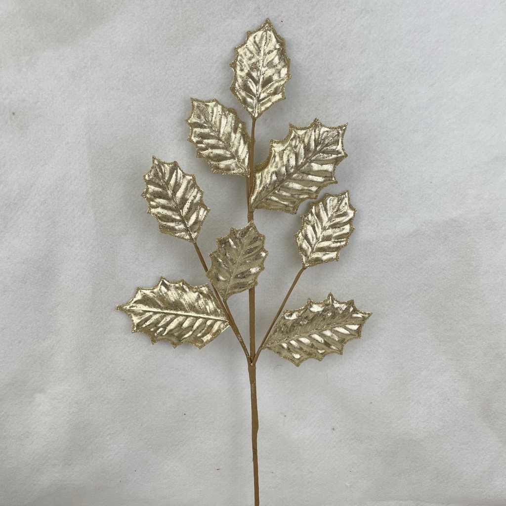 [XA2147-CHA] 28" METALLIC HOLLY LEAF SPRAY X3 CHAMPAGNE