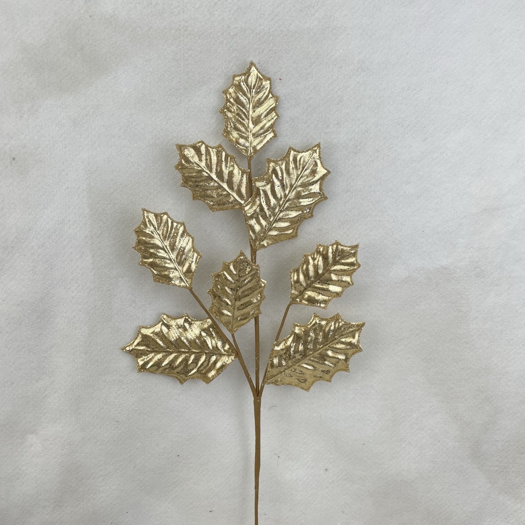 [XA2147-GLD] 28" METALLIC HOLLY LEAF SPRAY X3 GOLD