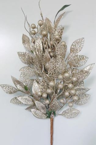 24" GLITTER LEAF & BERRY SPRAY CHAMPAGNE