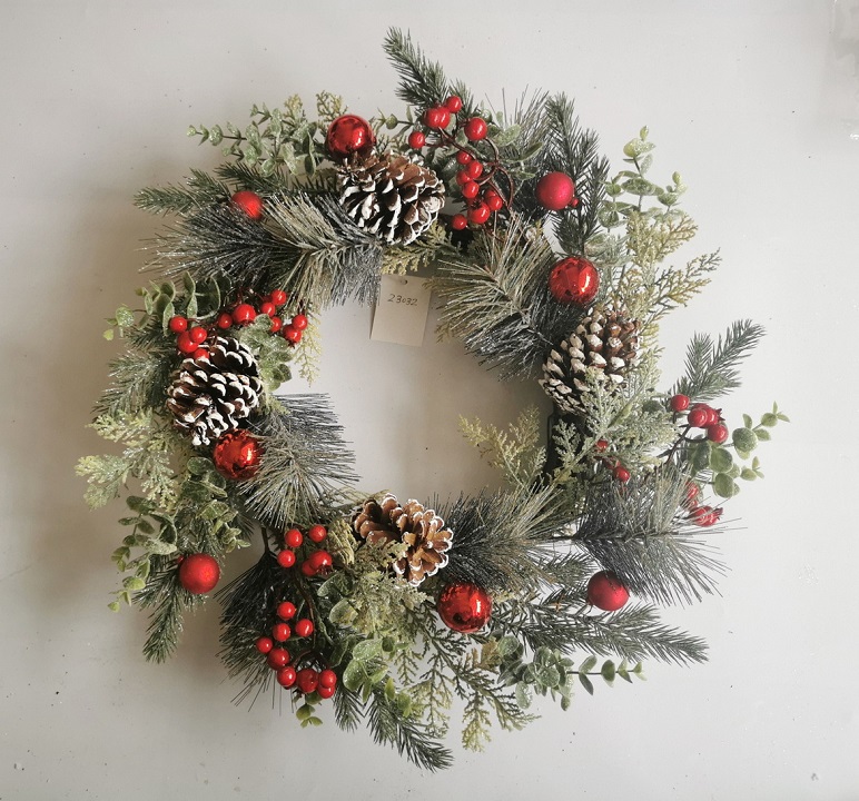 19.5" MIXED PINE WREATH W/ CONES & RED BERRIES FROSTED