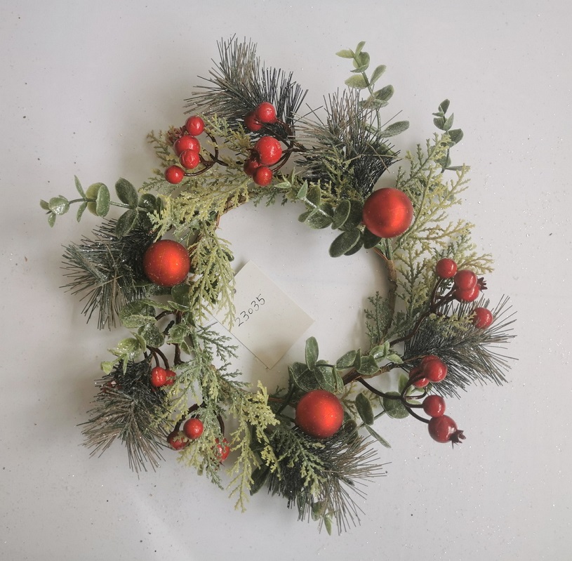 9" MIXED PINE WREATH W/ RED BERRIES & BALLS FROSTED