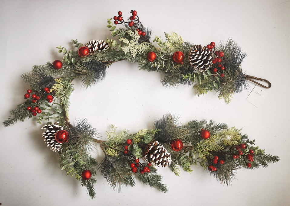 5' MIXED PINE GARLAND W/ CONES & RED BERRIES FROSTED