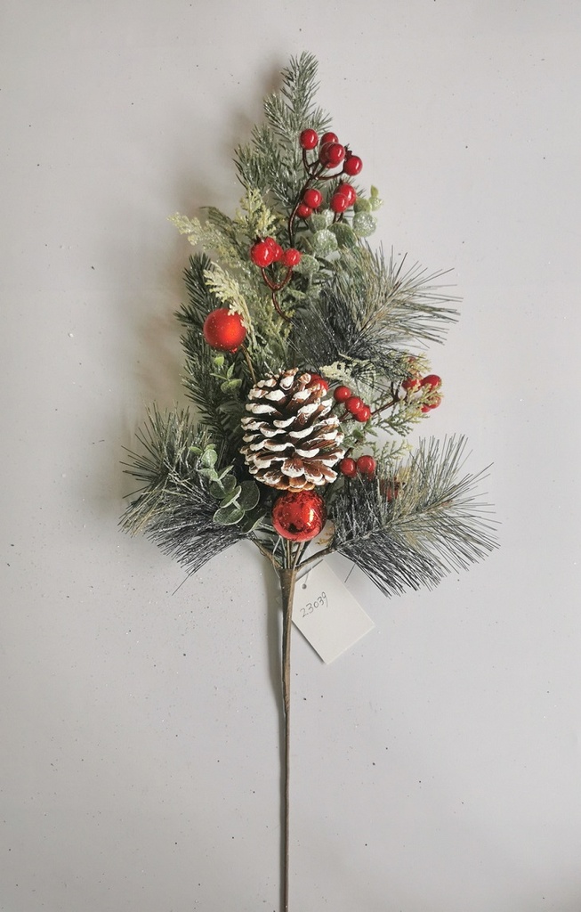 26.5" MIXED PINE SPRAY W/ CONE & RED BERRIES FROSTED