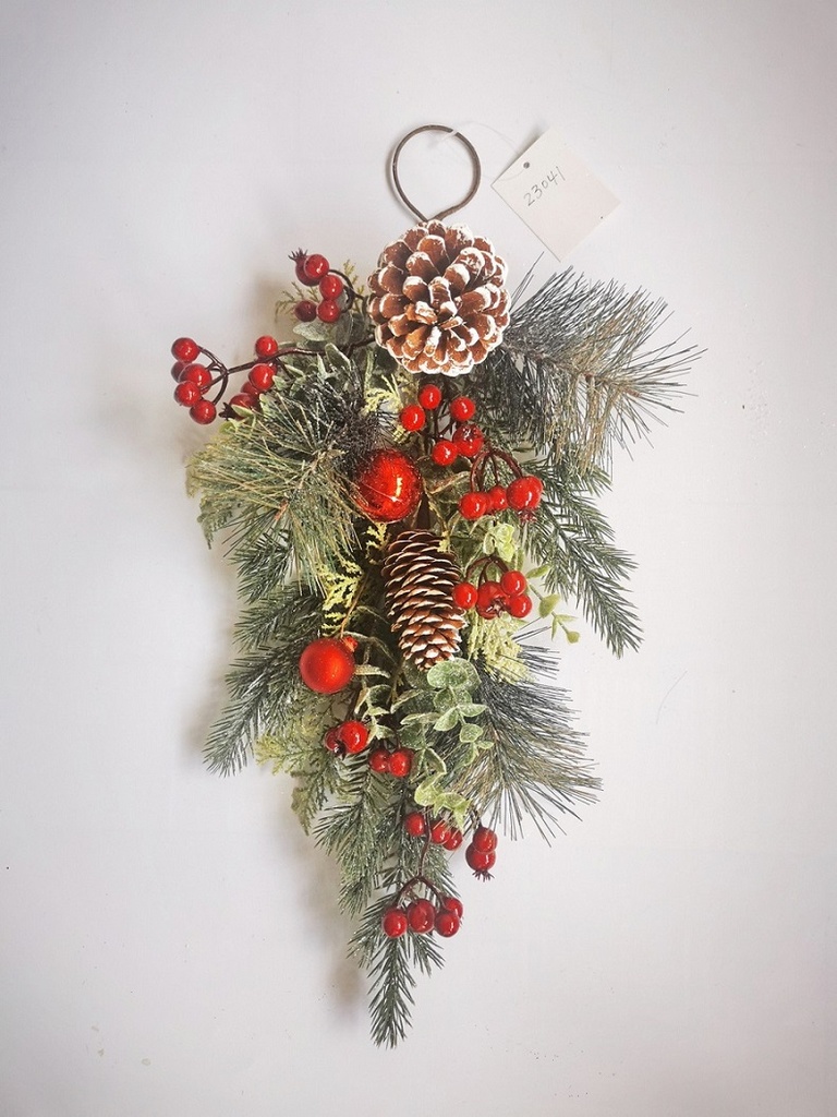 19.5" MIXED PINE DOORHANGER W/ CONES & RED BERRIES FROSTED