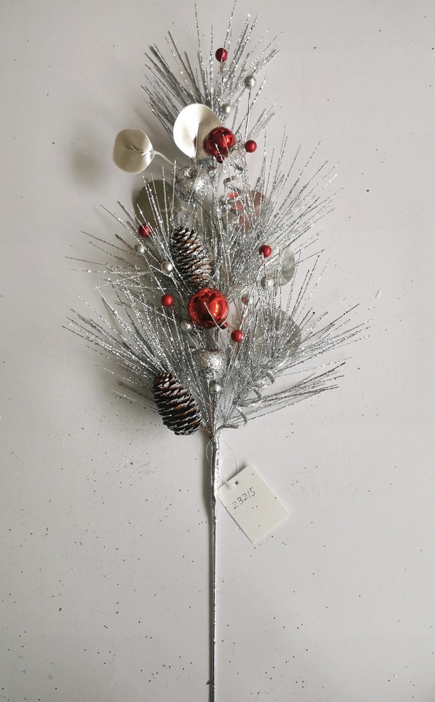 27.5" GLITTER PINE SPRAY W/ CONES & BALLS RED/SIL