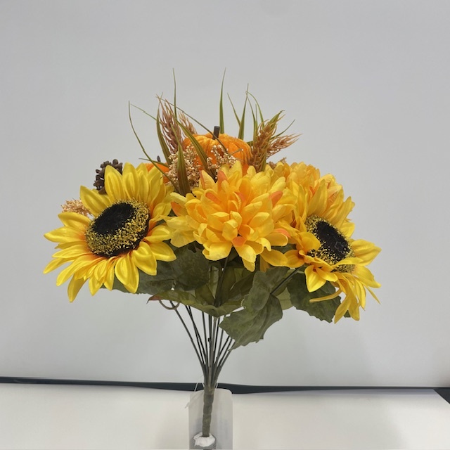 [STF4900-YEL] 17" SUNFLOWER & MUM BUSH W/ VELVET PUMPKIN YELLOW