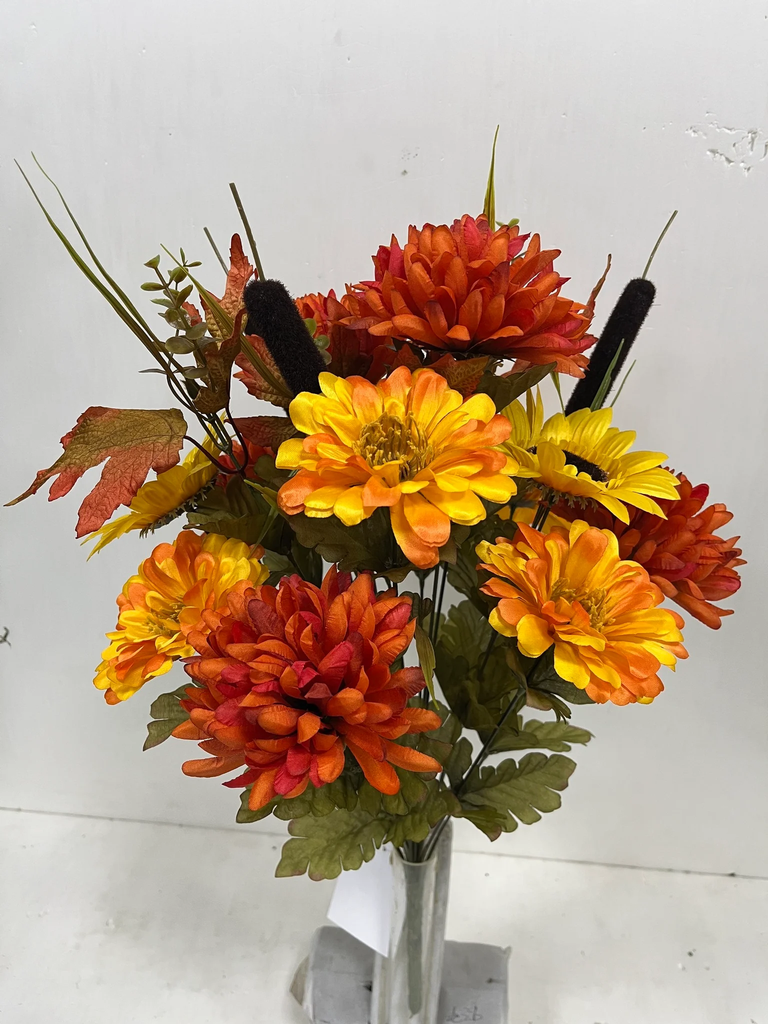 22" ZINNIA/MUM/SUNFLOWER BUSH X18 W/CATTAIL ORANGE/YELLOW