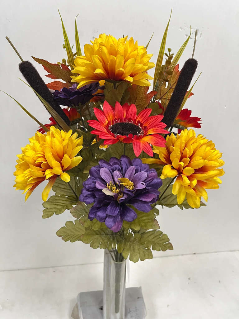 22" ZINNIA/MUM/SUNFLOWER BUSH X18 W/CATTAIL RED/PUR/YEL