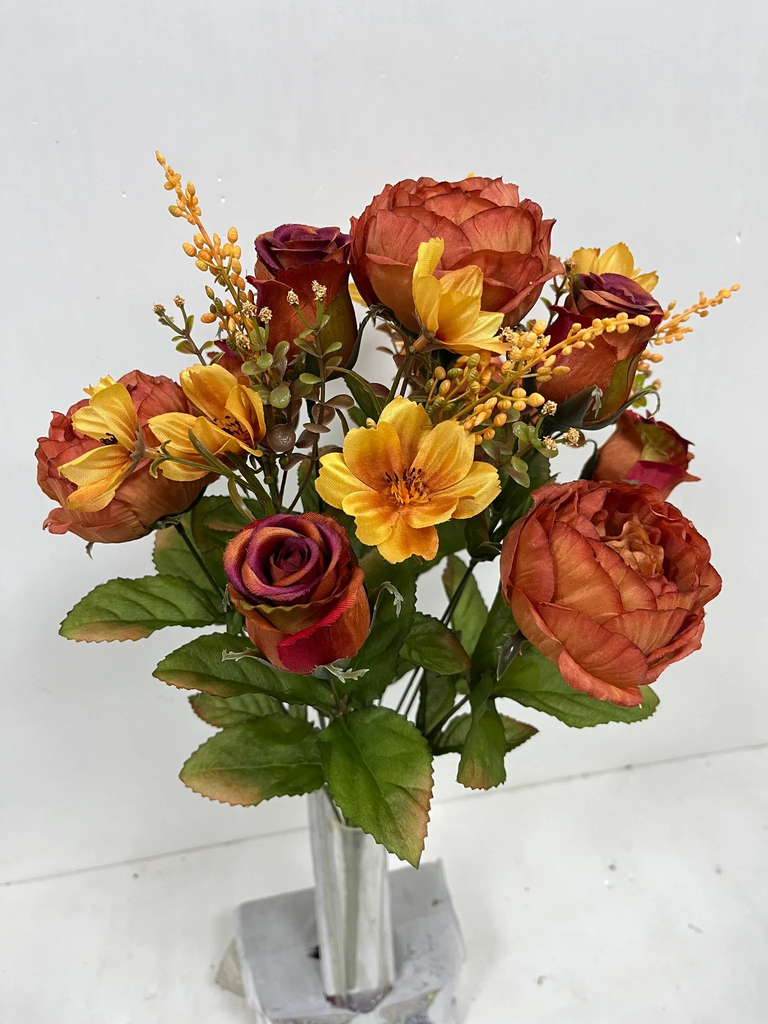 [STF4906] 20" PEONY/ROSE MIXED BUSH X14 BURGUNDY/RUST/GOLD