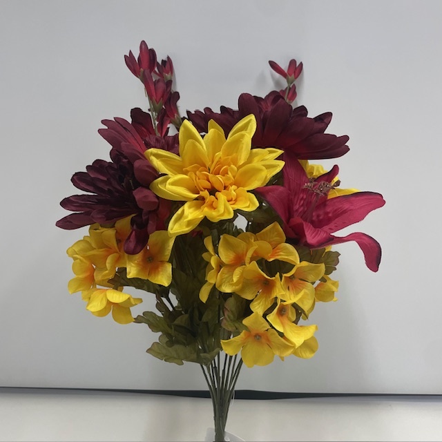 21" DAHLIA/MUM/LILY BUSH W/GLADS X12 BURGUNDY/YELLOW