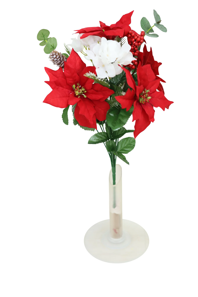 18" POINSETTIA & HYDRANGEA BUSH W/CONES & BERRIES X12