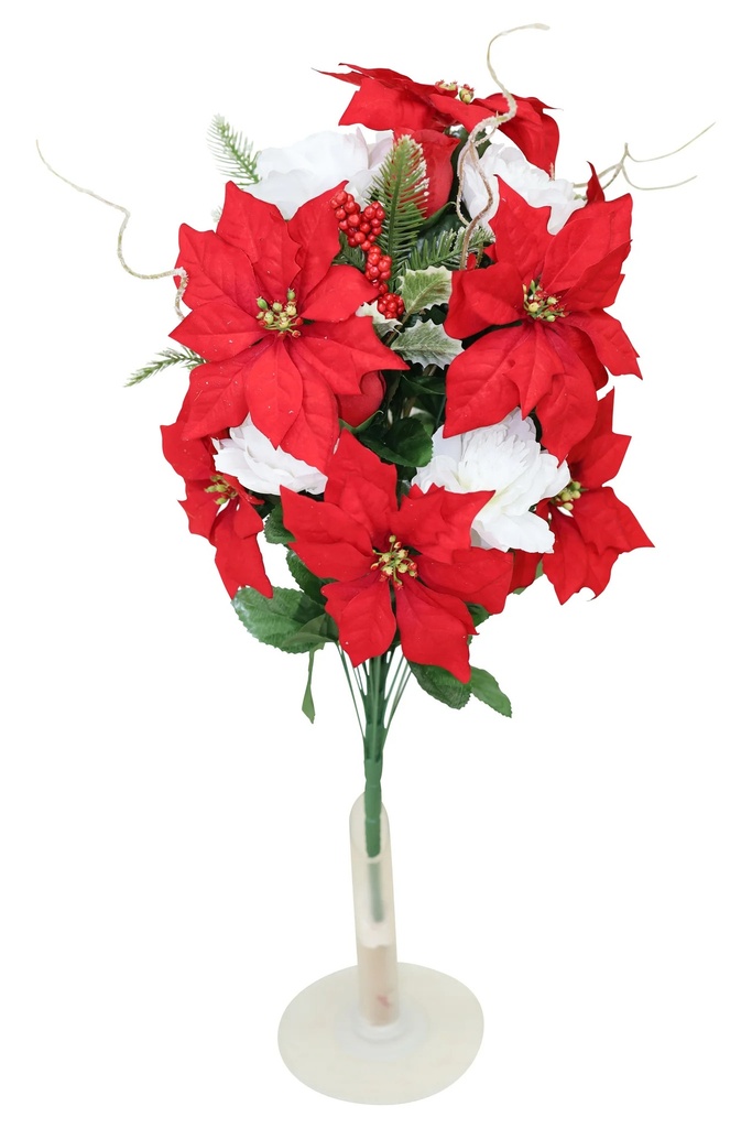 24" POINSETTIA/PEONY BUSH W/HOLLY & BERRIES X30