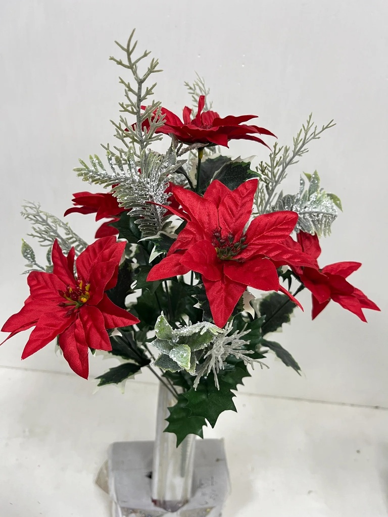 17" POINSETTIA/HOLLY BUSH W/ SNOWY PINE X12 RED