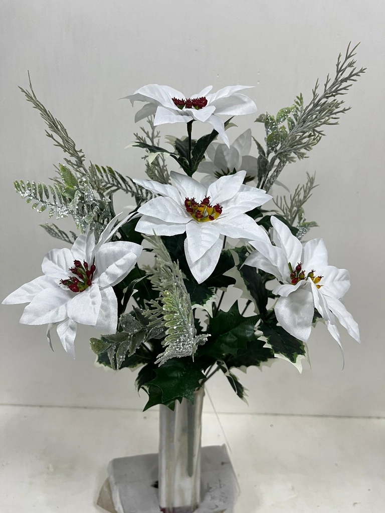 17" POINSETTIA/HOLLY BUSH W/ SNOWY PINE X12 WHT