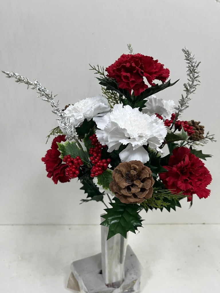 17" CARNATION/HOLLY BUSH W/CONES & BERRIES X14 RED/WHITE