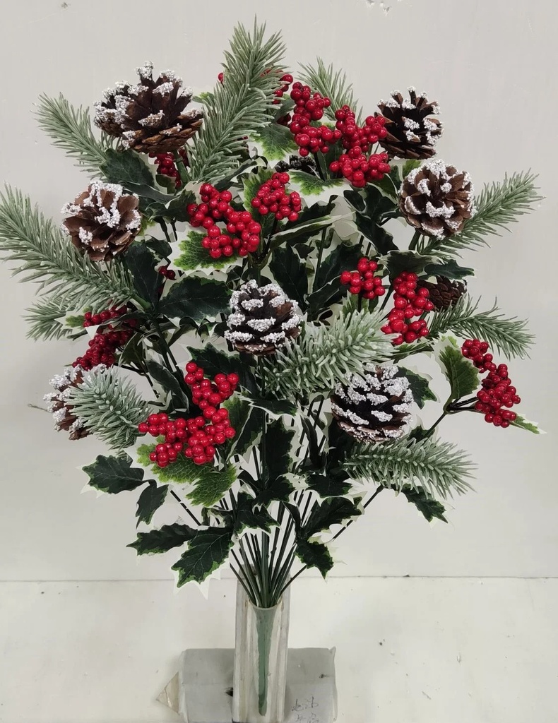 22" HOLLY/PINE BUSH W/CONES & BERRIES X24 SNOWY