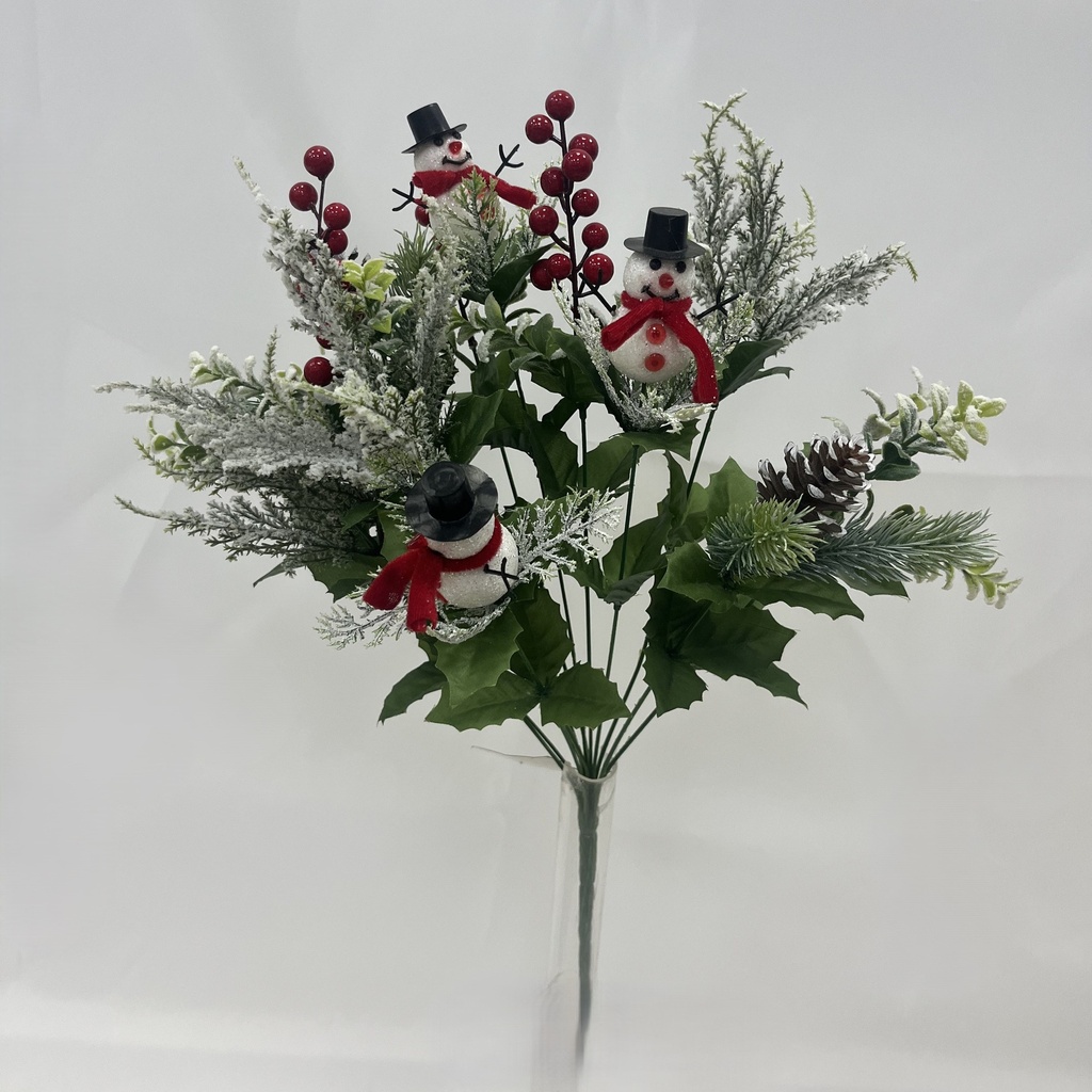 20.5" FLOCKED CEDAR BUSH X14 W/ SNOWMEN & BERRIES