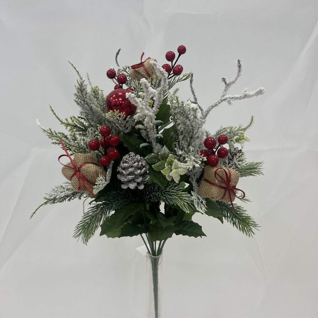 20.5" FLOCKED MIXED PINE BUSH X14 W/BERRIES & GIFTBOX
