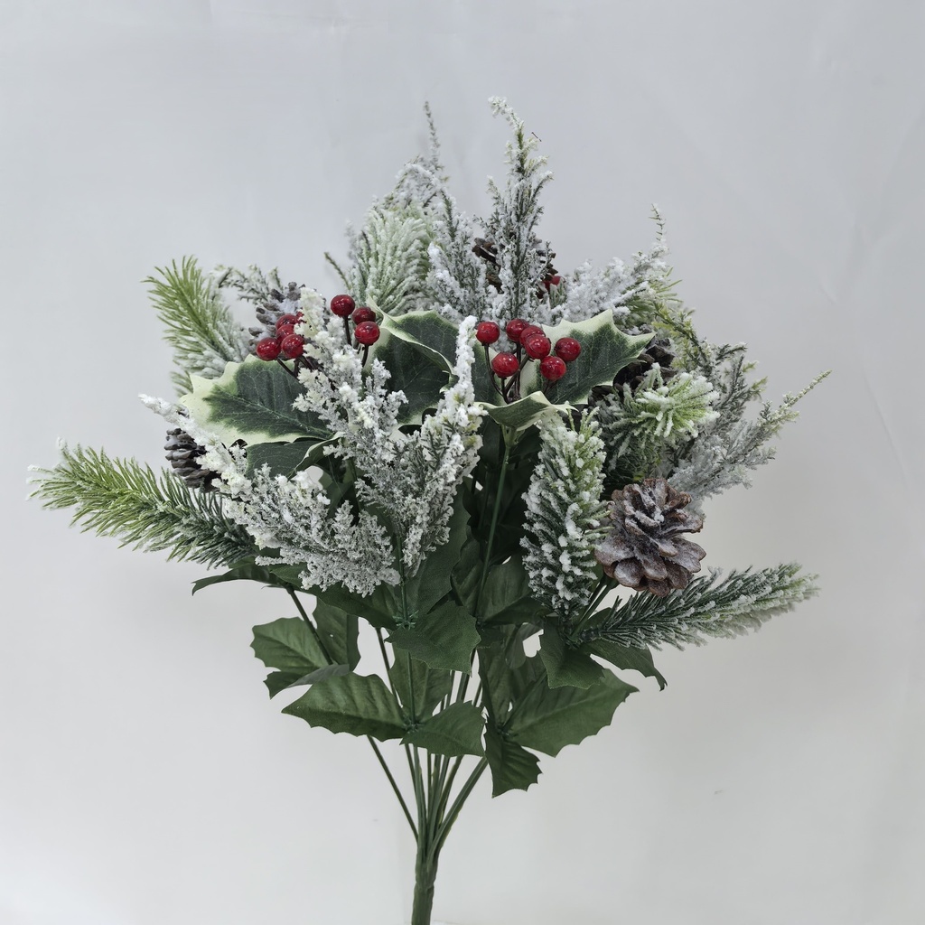 19.5" FLOCKED PINE BUSH X14 W/HOLLY & BERRIES 