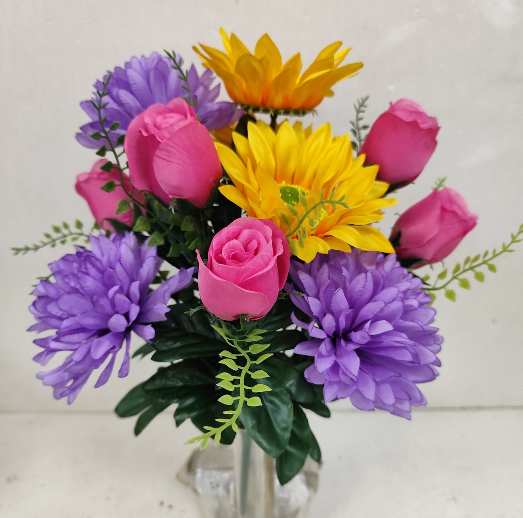 16" MUM/SUNFLOWER/ROSE BUSH X12 PINK/YELLOW/LAVENDER