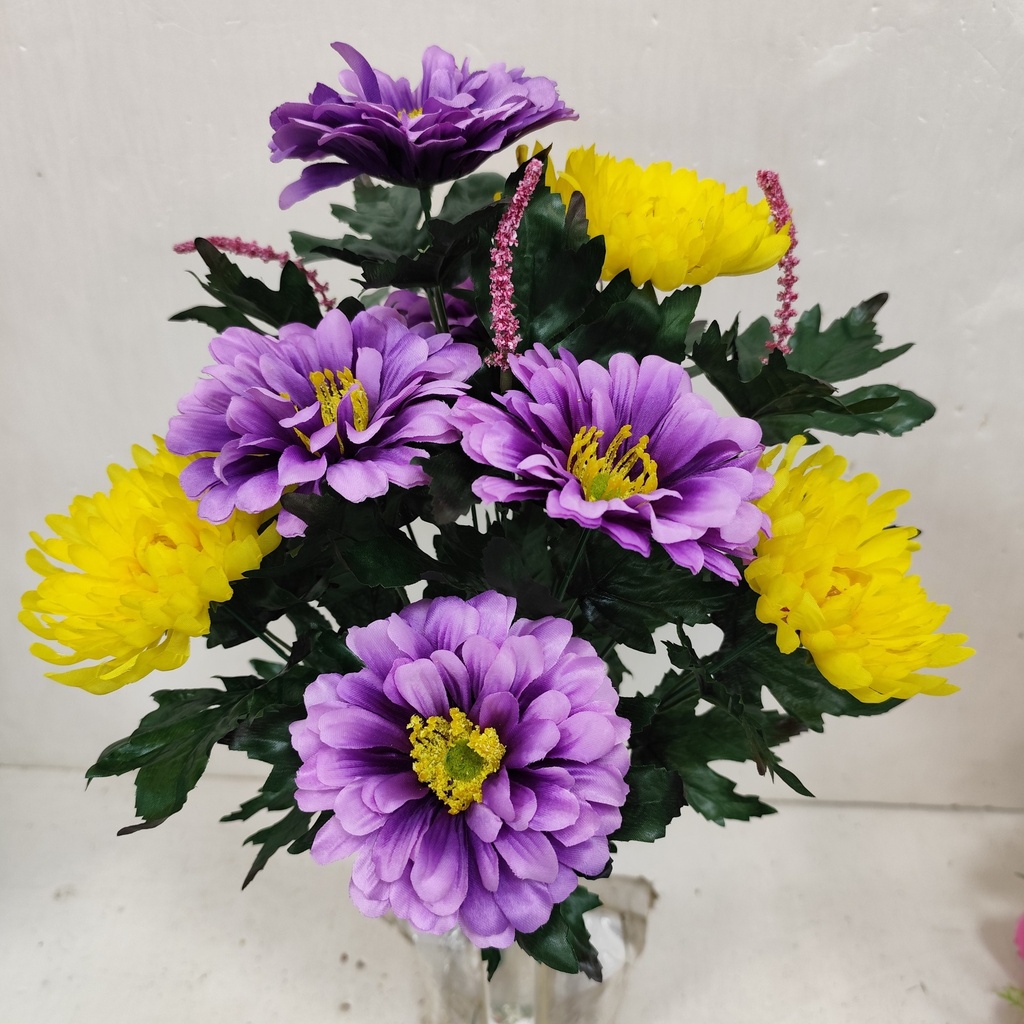 17" MUM/SUNFLOWER/ZINNIA BUSH X14 LIGHT PURPLE/YELLOW