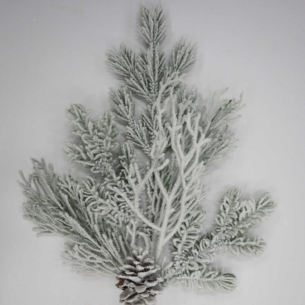 [XB5314] 20" FLOCKED PINE SPRAY W/ TWIG & CONE